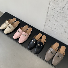 包頭半拖鞋女夏外穿穆勒鞋2024新款馬銜扣平底鞋真皮網紅懶人涼拖