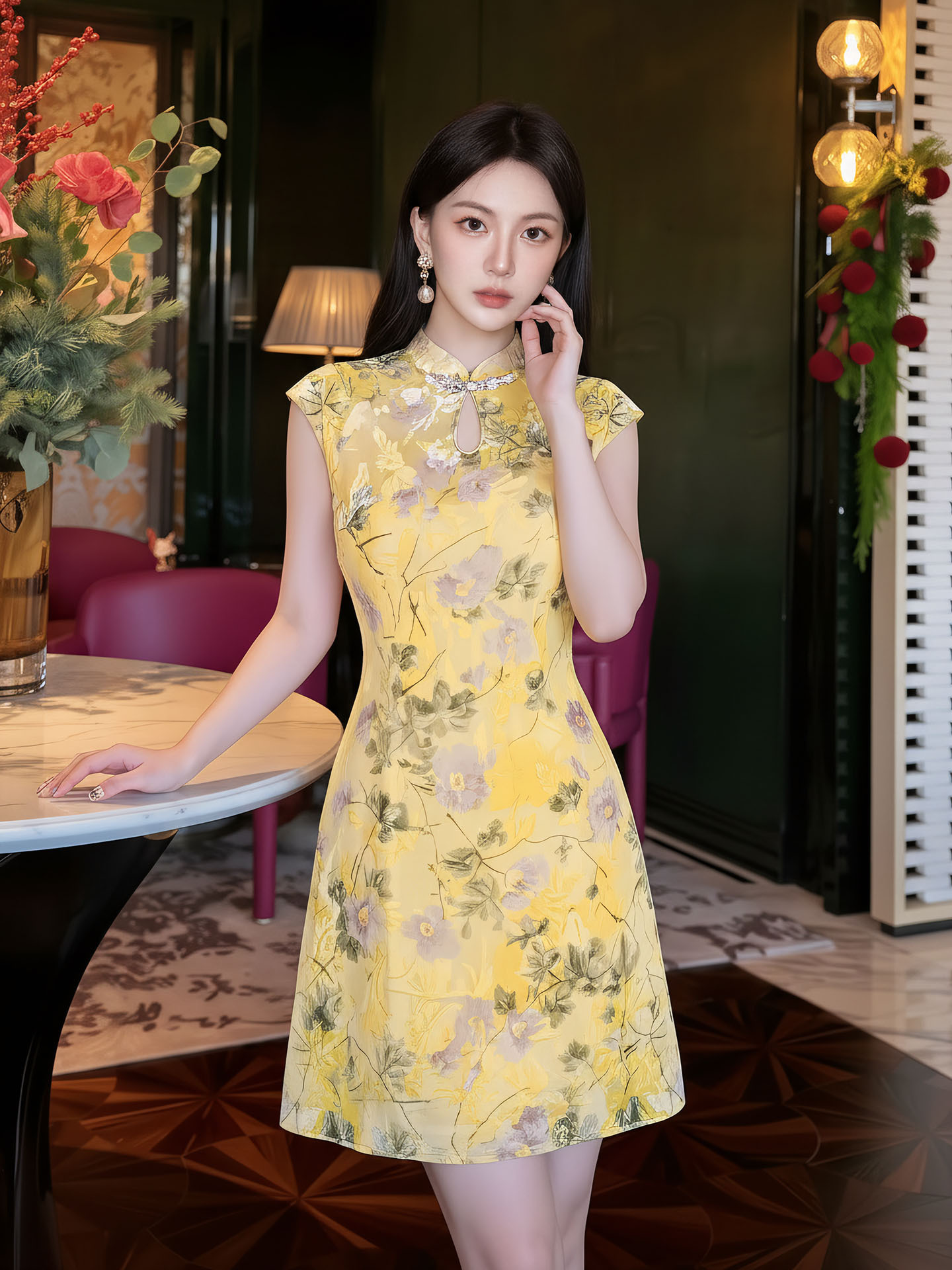 Đầm sườn xám cách tân họa tiết hoa văn nổi, thiết kế ôm eo thanh lịch — váy liền