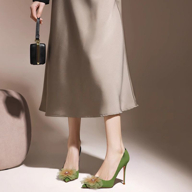Grass Green Floral Light Luxury Stiletto High Heels for Women 2025 Spring New Versatile Niche Shallow Mouth Single Shoes