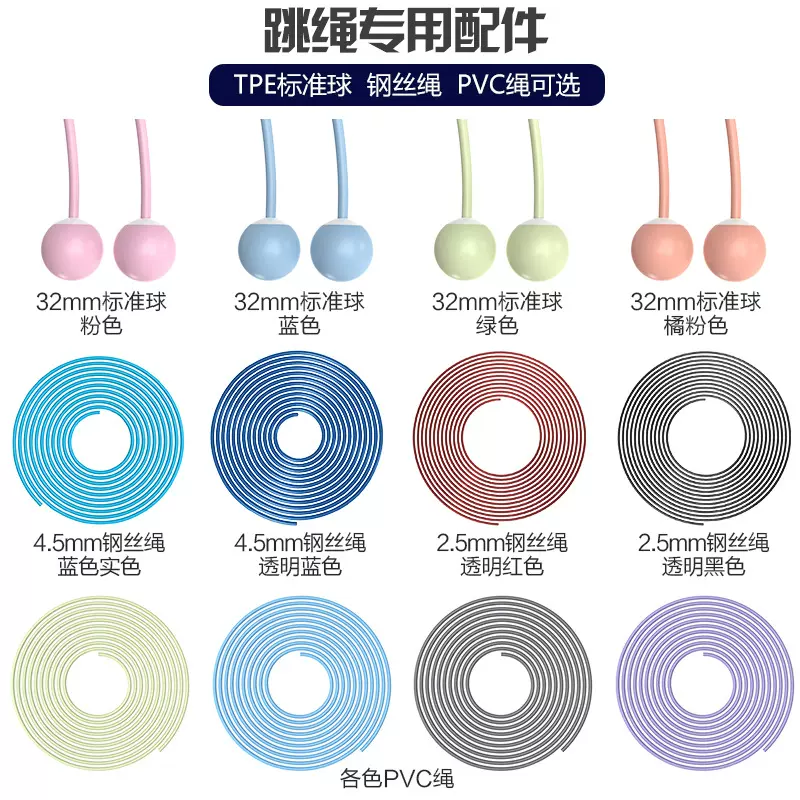 跳绳配件2.5/4.5/5钢丝绳PVC绳3米备用绳批发学生体育用品无绳球