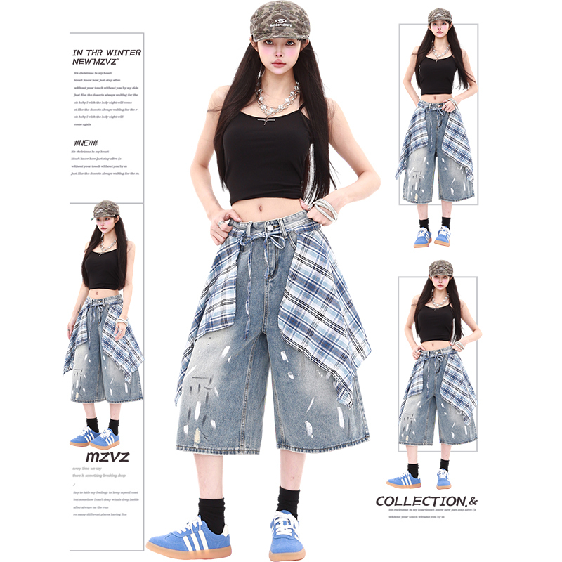 American Retro Style Splash-Ink Design Straight-Leg Cropped Jeans for Women, New Summer Style, Loose Fit, Plus-Size Wide-Leg Denim Shorts American Retro Style Splash-Ink Design Straight-Leg Cropped Jeans for Women, New Summer Style, Loose Fit, Plus-Size Wide-Leg Denim Shorts