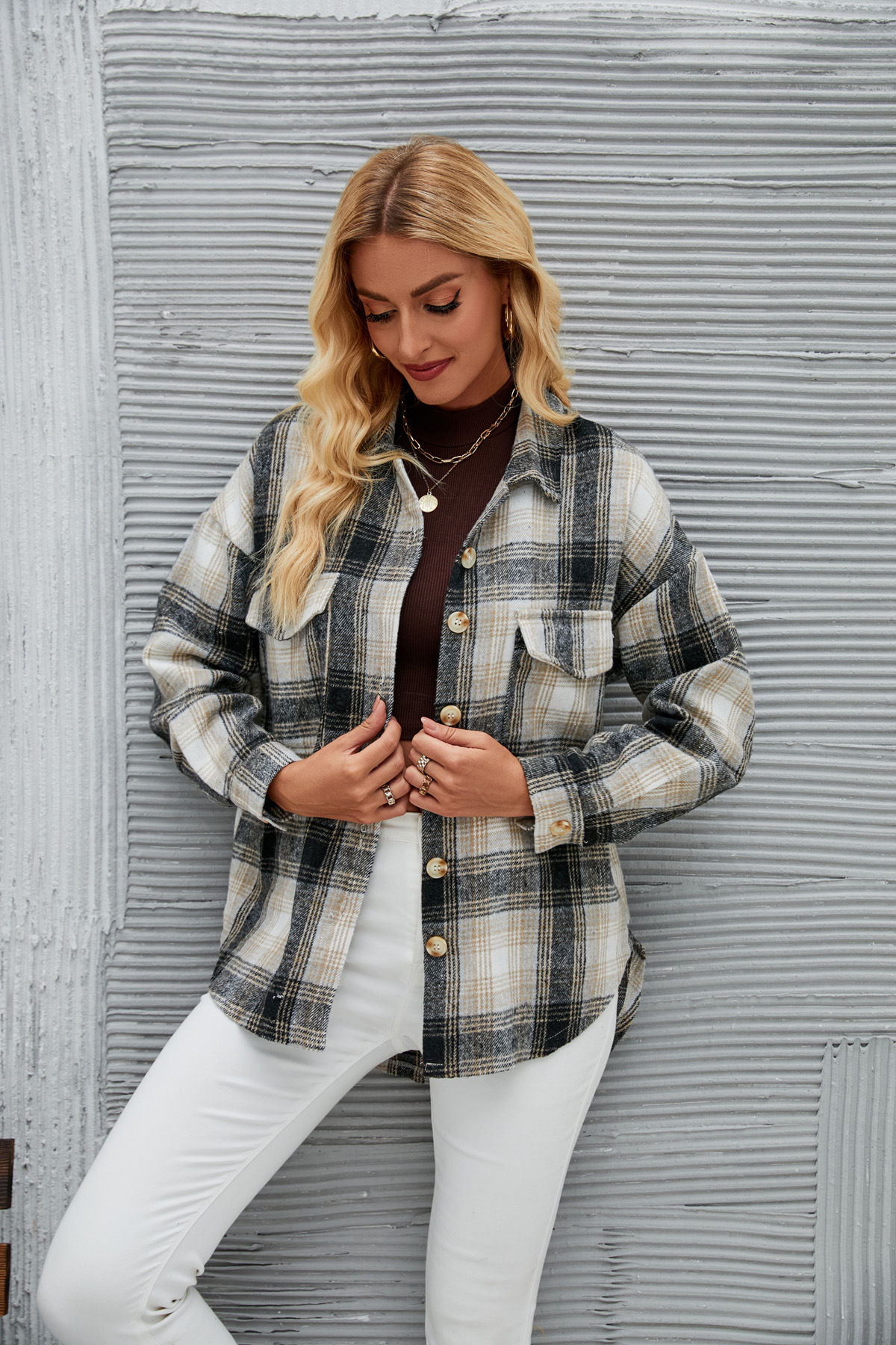 Womens Plaid Woolen Blouse Long Sleeve Loose Winter Jacket For Women_voghion.com