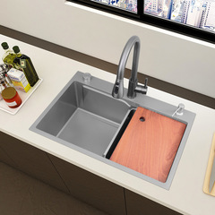 Gun Gray Stainless Steel Sink Kitchen Wash Basin Large Single Bowl Nanometer SUS304 Manual Washing Bowl Household Water Basin 