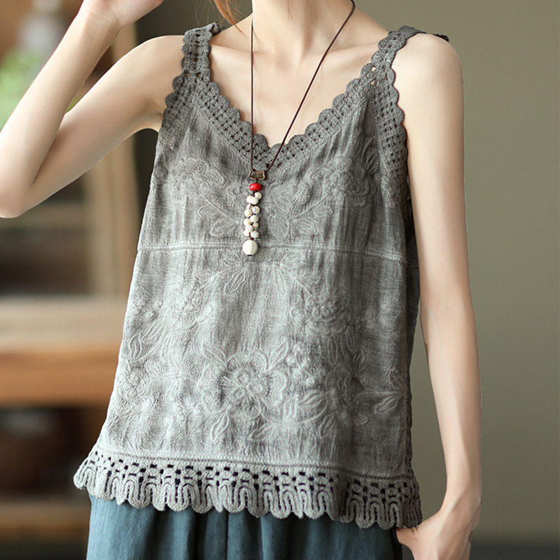 8 Color Non-bowknot Sling Cotton and Linen Embroidered V-neck Top Base Vest Women's Outer Wear Spice Girl Inner Matching Jeans