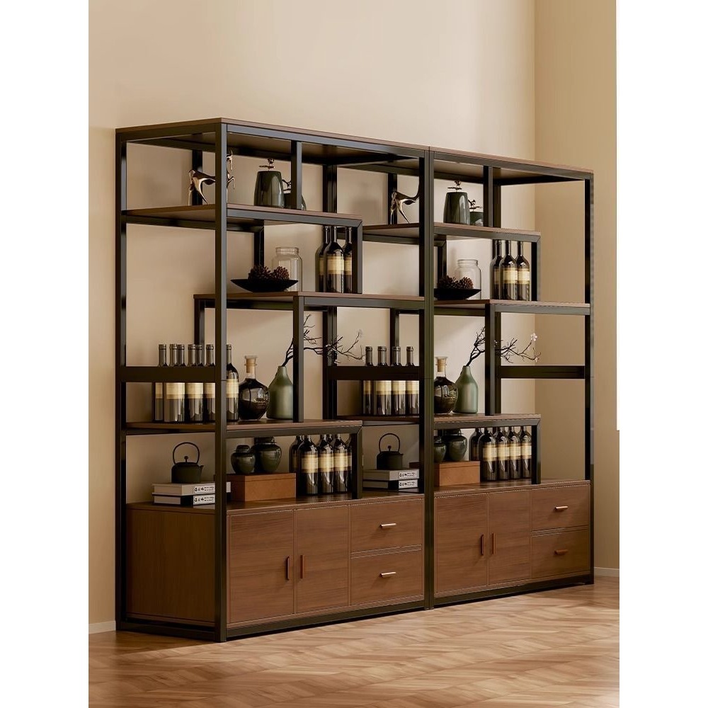 New Chinese Style Iron Art Display Rack for Home Living Room, Integrated Floor-Standing Simple Grid Display Rack, Wine Rack, Living Room Display Cabinet