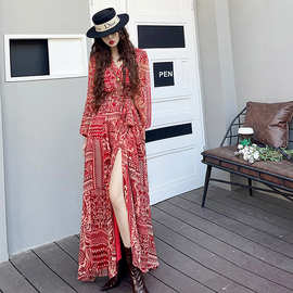 碎花少妇长袖连衣裙韩版裙新新款秋季开叉战袍收腰性感V领性感