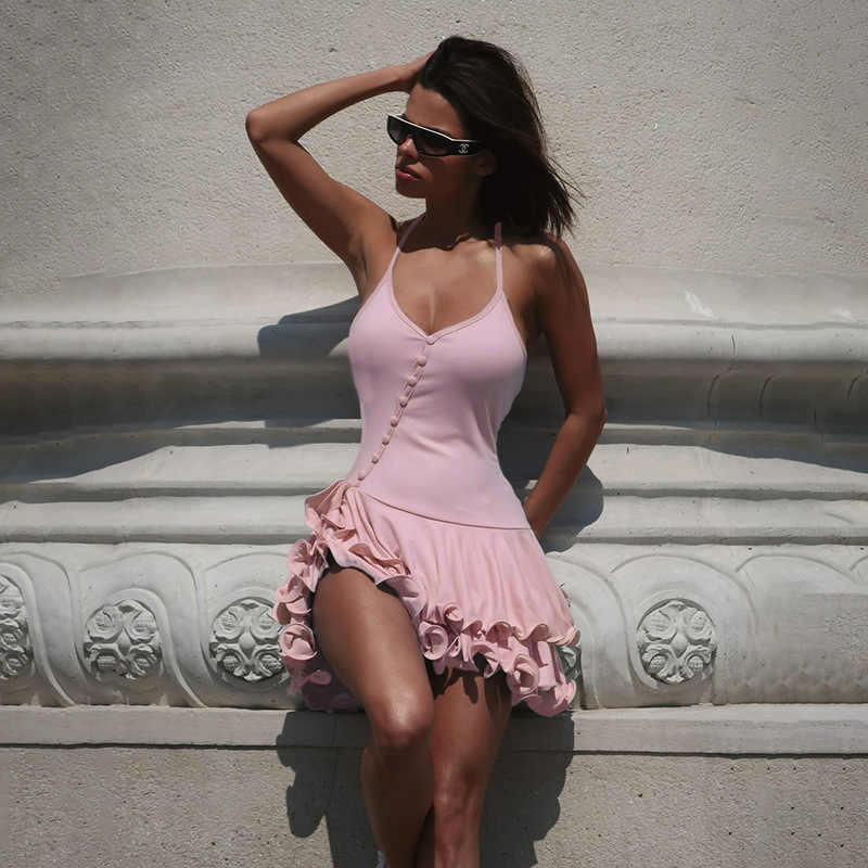 2026 European and American Cross-Border Women's Fashion Spicy Girl Slim-Fit Halter Dress with Ruffles and Single-Breasted Design, Short Sexy Dress 2026 European and American Cross-Border Women's Fashion Spicy Girl Slim-Fit Halter Dress with Ruffles and Single-Breasted Design, Short Sexy Dress