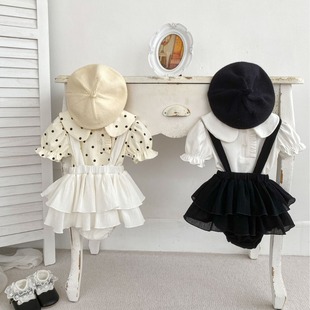 2025 New Baby Versatile Lapel Short-Sleeved T-Shirt Suspender Bag Skirt Pants Two-Piece Set Baby Girl Summer Suit