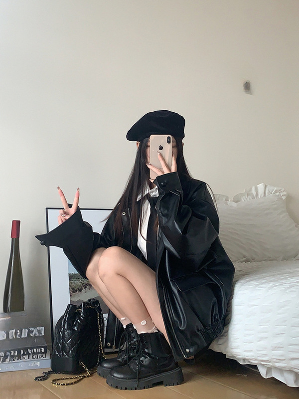 美拉德皮衣外套女男女同款春秋小个子棕色美式复古机车短款皮夹克|undefined