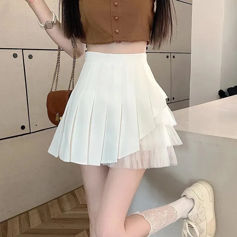 White Mesh Pleated Skirt High Waist Slimming A- line Women's Summer New Short Skirt Skirt