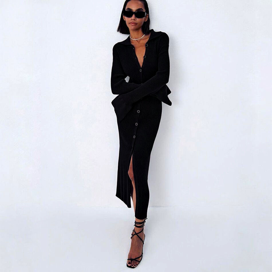 2024 cardigan feminino de malha estendida manga comprida decote em V manga larga vestido suéter ajuste fino_voghion.com