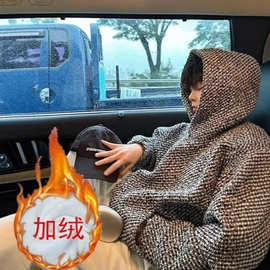 潮牌小香风连帽卫衣男女春秋潮流时尚粗花呢宽松套头百搭长袖上衣
