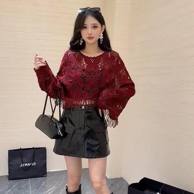 Hollow Short Sweater Wool Knitted Design Sense Solid Color 2024 Autumn Short Sweater Air Conditioning Tassel Jacket