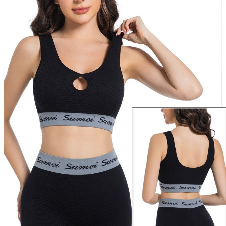 Cross-border Women's Contrast Sports Bra Women's Wide Shoulder Hollow-out Gather Shockproof Running Fitness Yoga Underwear Women's Shorts