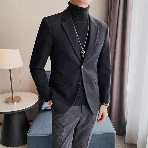 Autumn/Winter Men's Thick Wool Blazer Korean Style Overcoat Cool Trendy High-End Slim Fit Casual Blazer