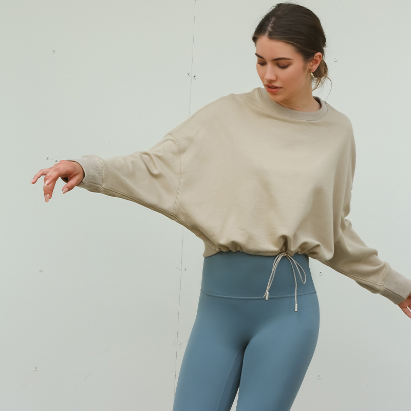 Spring new short sweater European and American style cross-border pure cotton waist drawstring design sports yoga pullover top