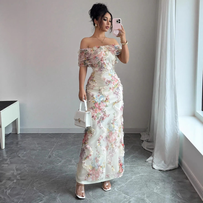 New Cross-Border Style Women's Elegant French Floral Print One-Shoulder Long Bodycon Dress New Cross-Border Style Women's Elegant French Floral Print One-Shoulder Long Bodycon Dress