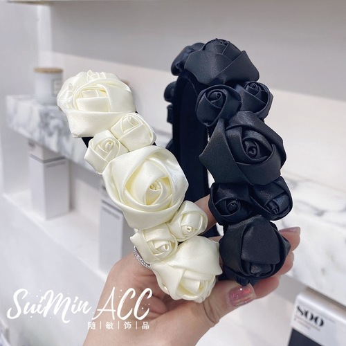 European and American cross-border new three-dimensional flower headband Korean version rose wide-brimmed headband hair hole hair bundle fairy hair accessories for women