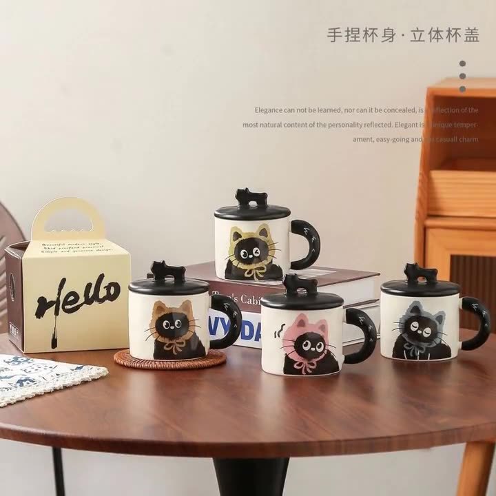 Gato taza de diseño retro taza de cerámica con cubierta caja de regalo regalo regalo de mano taza de caricatura de alta calidad para chicas