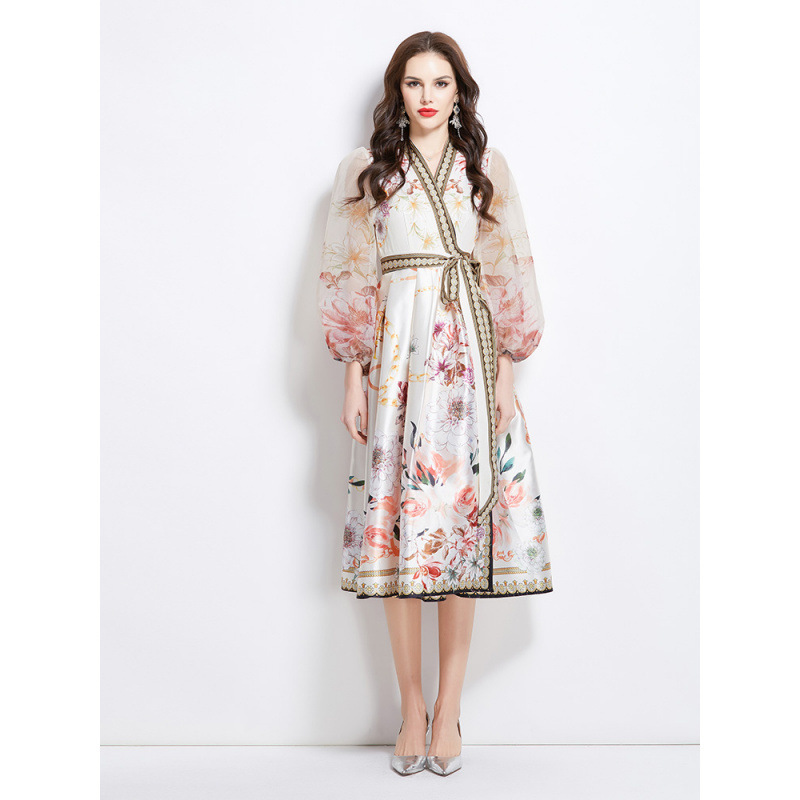 European Station Women's 2025 Spring New V-Neck Ethnic Style Printed Satin Wrap Long dress