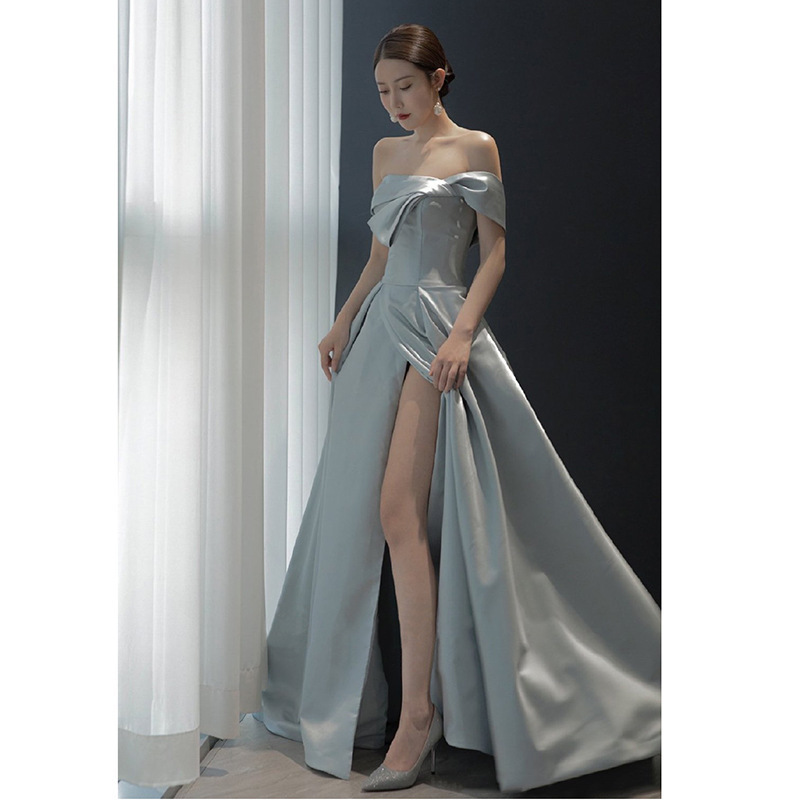 Evening Dress for Women 2026 New French Style Dress Queen Elegant Slit Satin Dress Socialite Banquet Evening Dress