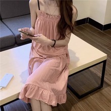 睡衣女夏季薄款吊带性感睡裙ins风小清新家居服坑条裙子