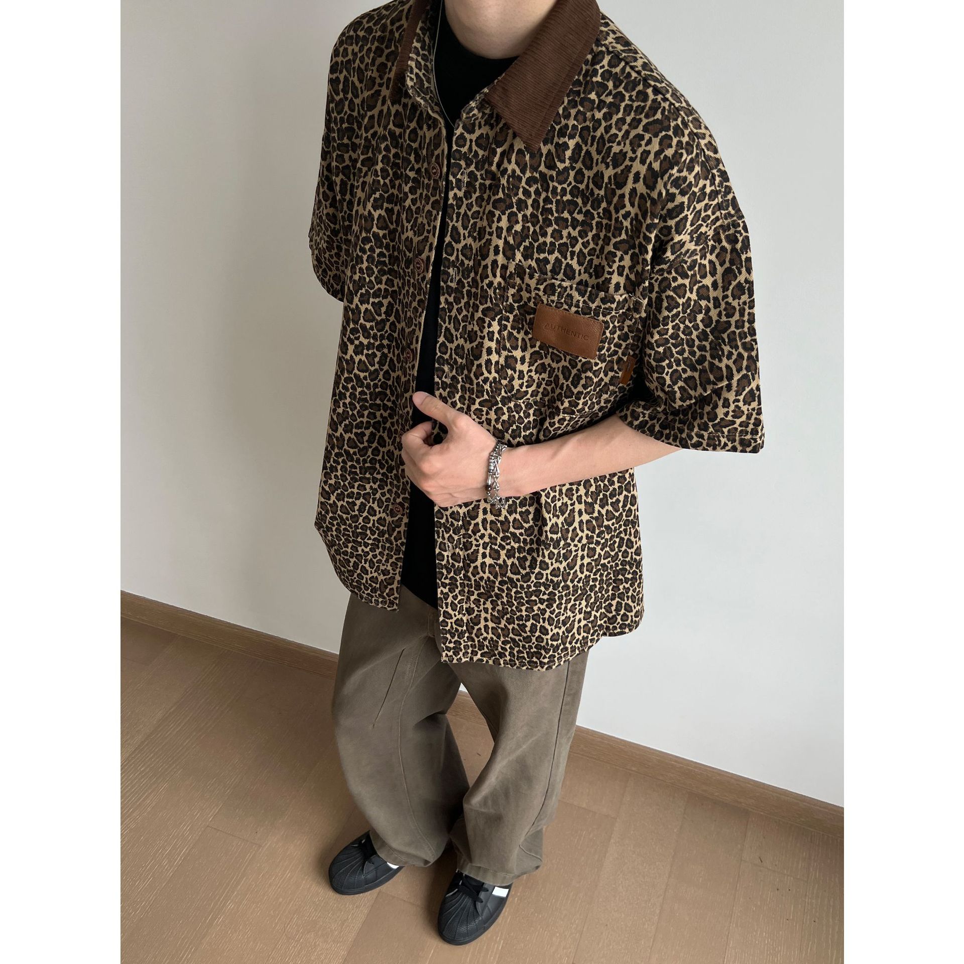 American Retro Leopard Print Short-Sleeve Shirt for Men, Summer Trendy Street Style, Loose Casual Vacation Versatile Shirt Jacket