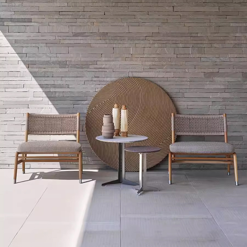 Al aire libre mesa y silla de madera anticorrosiva patio balcón ocio ratán tejido impermeable protector solar teca combinación de silla de jardín de tres piezas