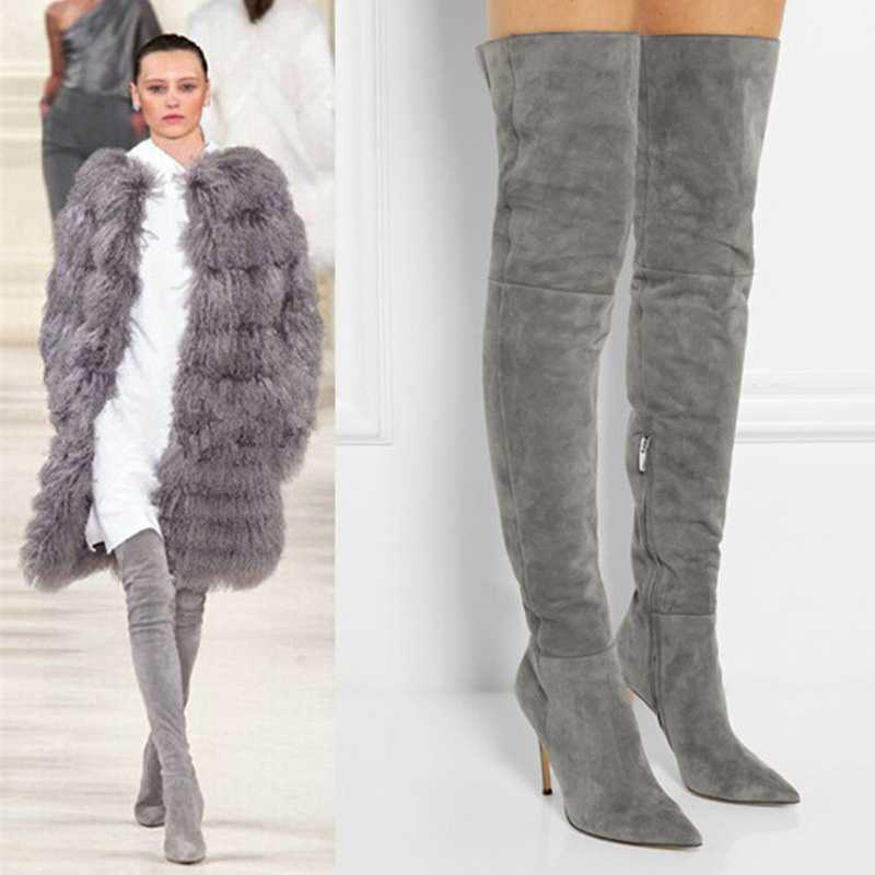 European and American Fashion Simple Pointed High Heel Stretch Slimming Over-the-Knee Boots Large Size Shopping Dating Suede Zipper Boots European and American Fashion Simple Pointed High Heel Stretch Slimming Over-the-Knee Boots Large Size Shopping Dating Suede Zipper Boots