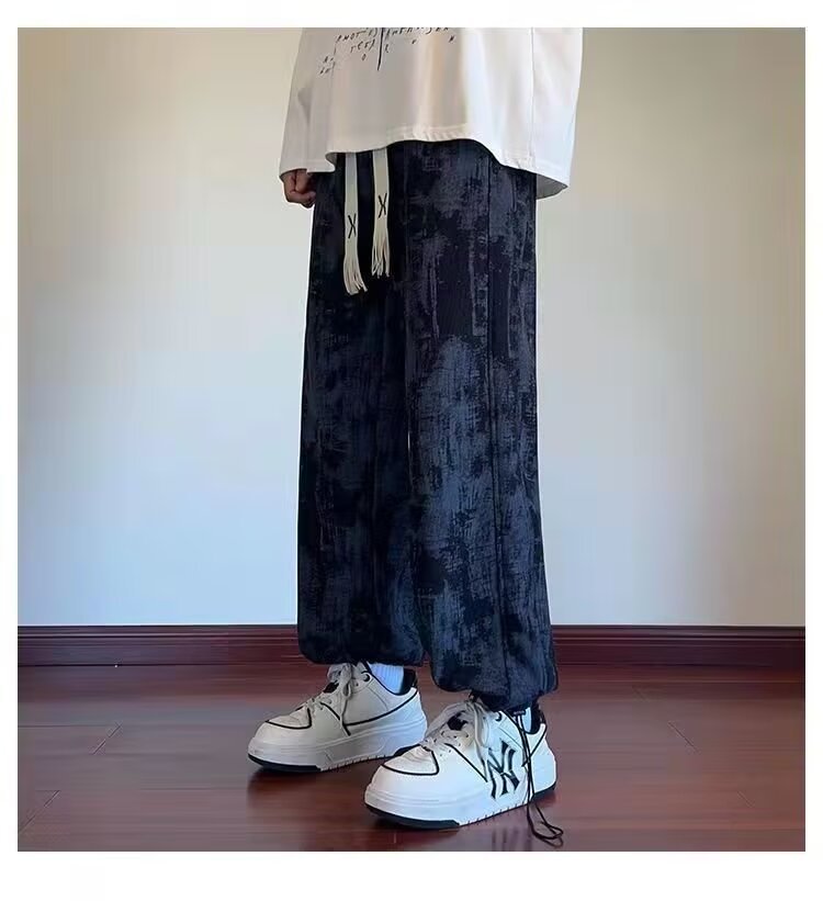 Pantalones casuales americanos de alta calle para hombres sueltos marca de moda vertical primavera y otoño atado teñido pantalon deportivo de terciopelo universal