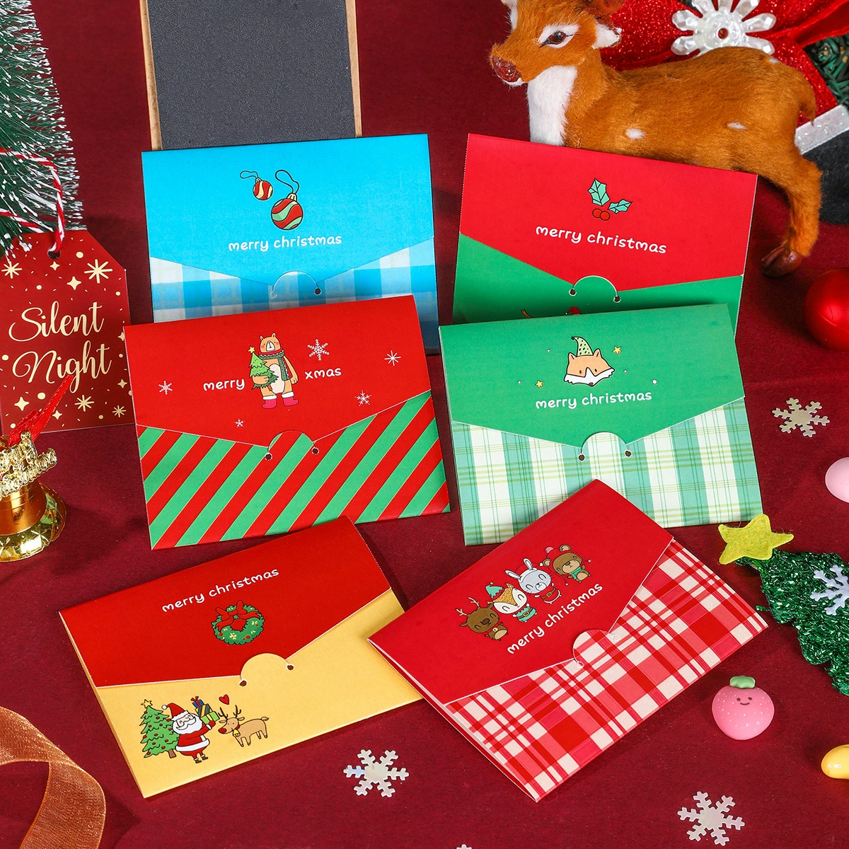 Ins Рождественская поздравительная открытка милый мультфильм складной праздничное благословение спасибо подарок сообщение Конверт Письмо Бумага Тройная открытка