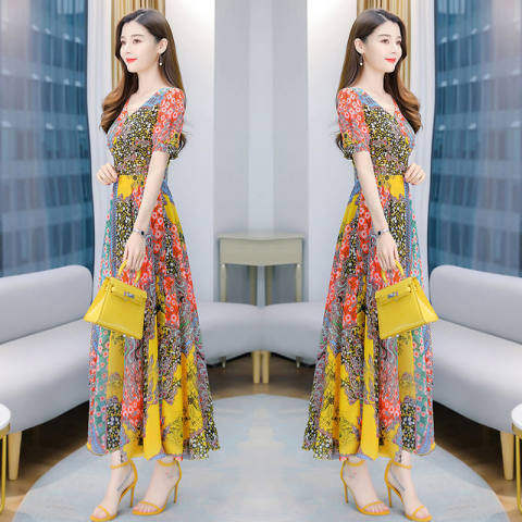 드레스 2024 새로운 여름 보헤미안 작은 꽃무늬 다용도 슬리밍 및 높은 밑단 긴 해변 드레스 유행