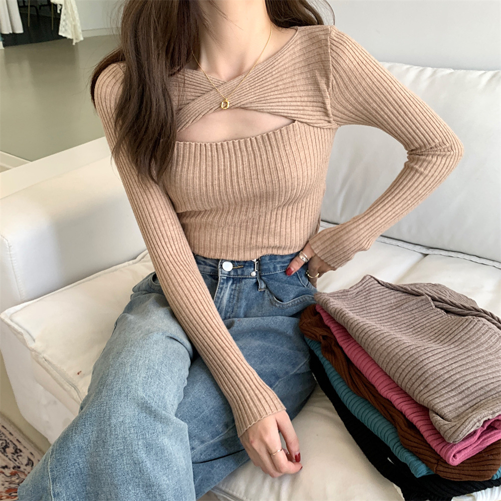 早秋小心机设计感镂空针织衫修身显瘦上衣女