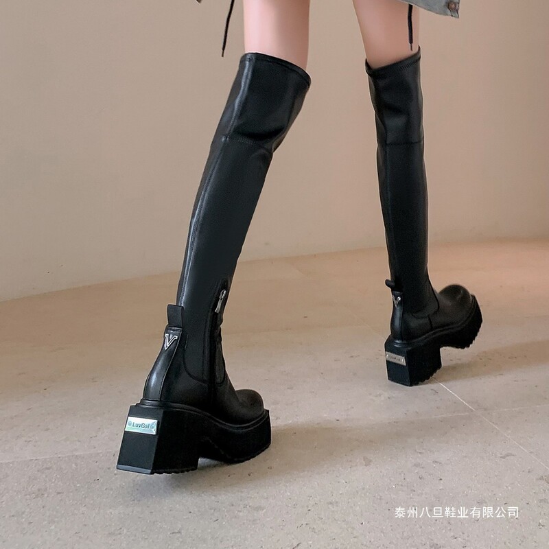Comic Legs! Sweet and Cool Genuine Leather Thick-Soled Over-The-Knee Boots for Women, Waterproof Platform High-Heeled Boots, Slimming Look Elastic Boots