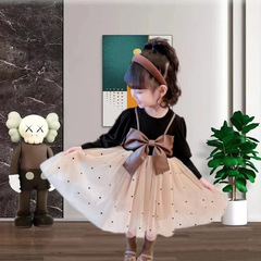 女童連衣裙春秋時尚兒童女寶洋氣蝴蝶結網紗裙子時髦假兩件公主裙