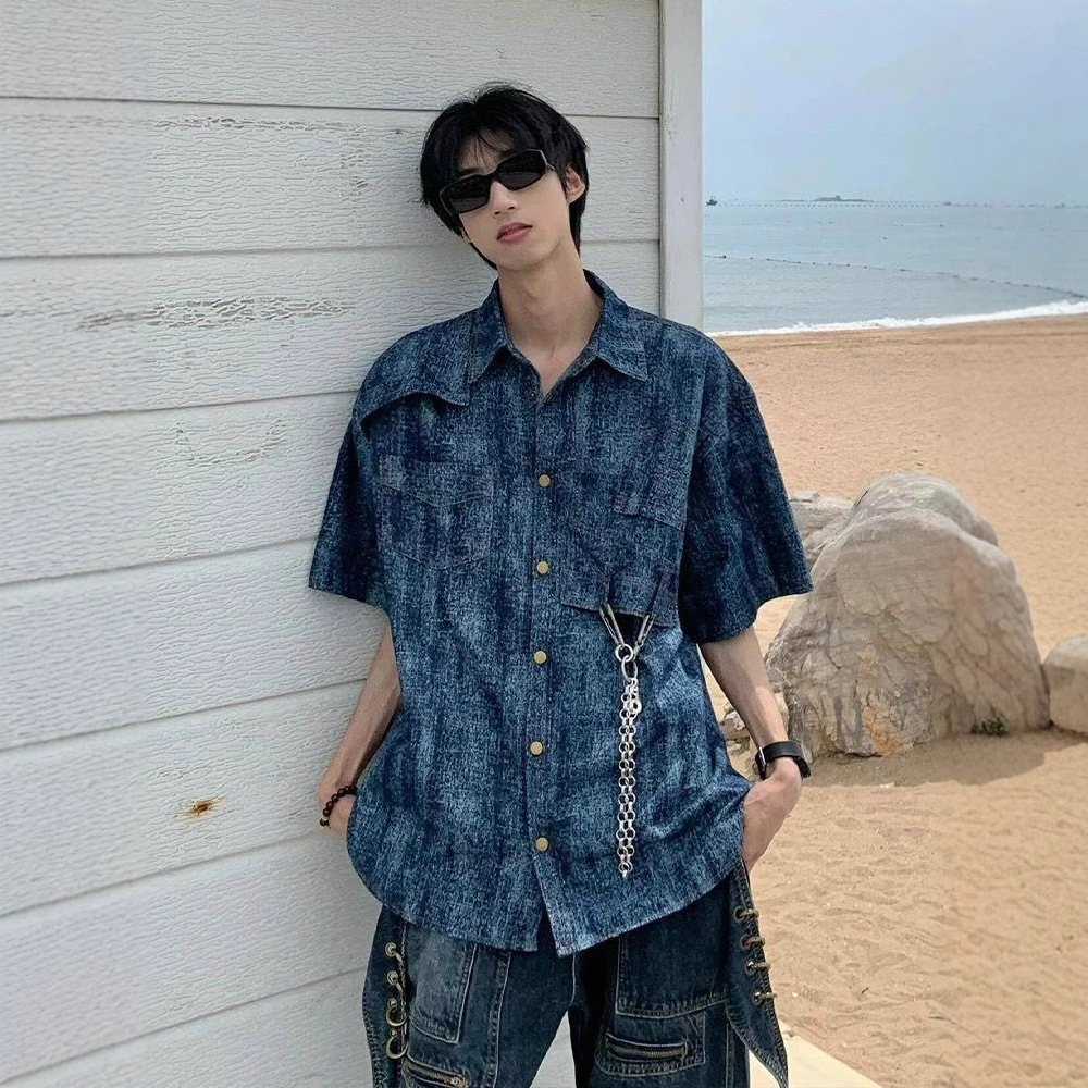 American Style Retro Deconstructed Shoulder Pad Short-Sleeved Shirt Men's Summer Old Washed Tie-Dye Design Sense Shirt Niche Jacket