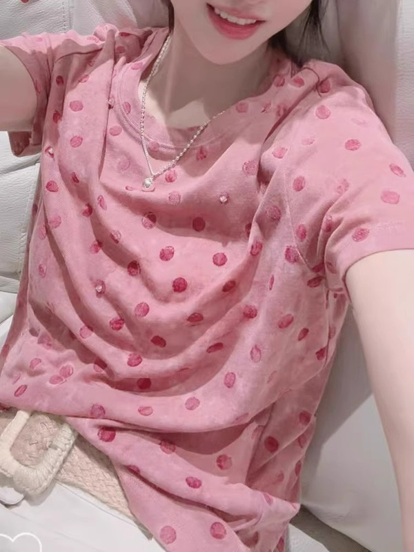 时尚简约休闲慵懒风粉色波点上衣女2025夏季软糯宽松薄款短袖T恤|undefined