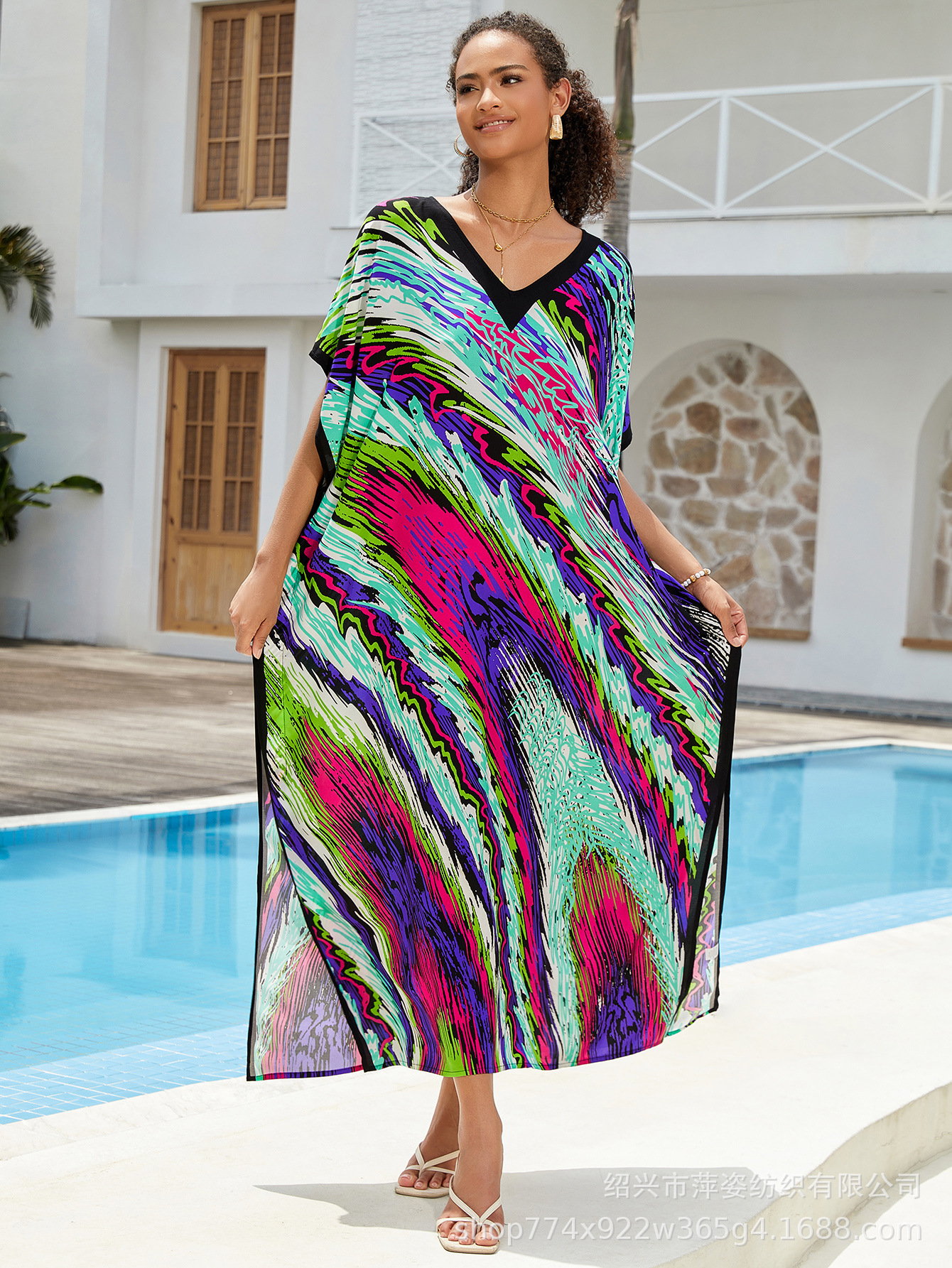 Camiseta de playa de algodón impresa bohemia vestido de manga de murciélago vestido bikini camiseta protector solar AT669