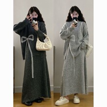 2025冬季新款含羊毛蝴蝶结钉珠半身裙套装甜美清新浅灰套装绵羊绒