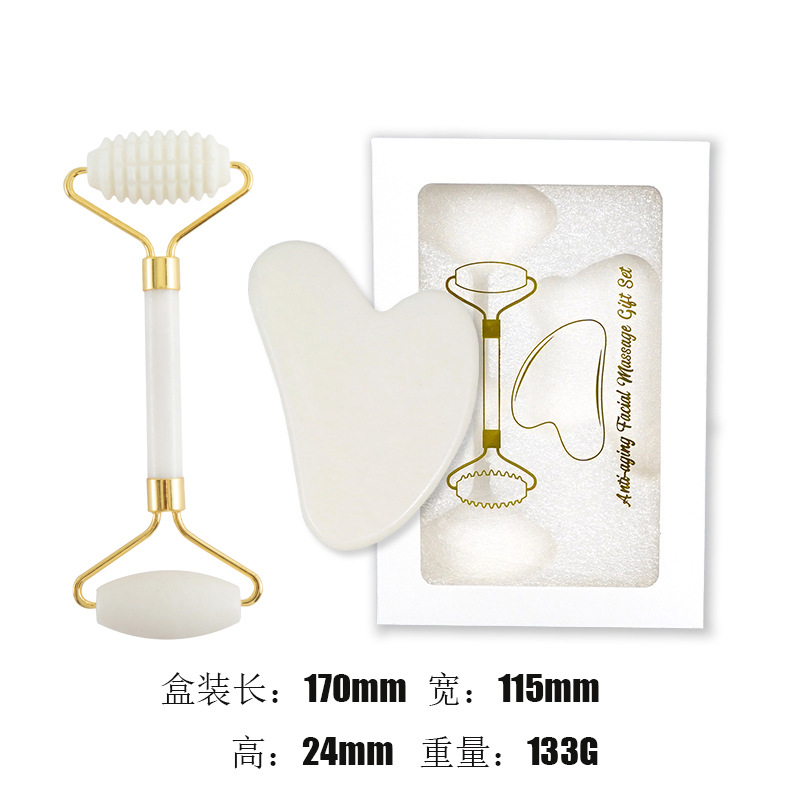 Juego de tres piezas de rodillo de jade natural y tabla de gua sha, dispositivo de belleza para masaje facial, lámina de gua sha facial, fabricante de rodillos de jade