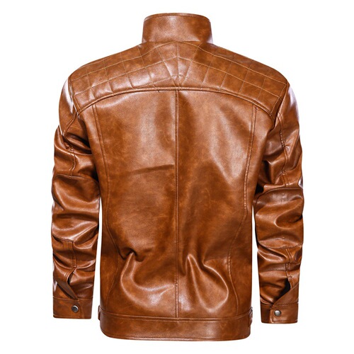 Amazon Autumn and Winter Straight Hem Side Pocket Unhooded Motorcycle Leather Jacket European and American Youth Stand Collar Jacket Men
