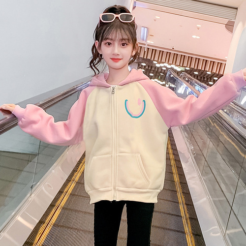 2024 Autumn and Winter Girls New Cardigan Jacket Thickened Double Layer Hooded Smiling Middle-aged Children, Primary School Students Kindergarten