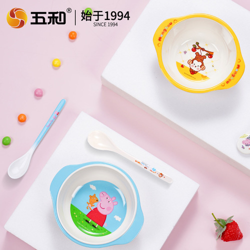 Wuhe melamine children's tableware baby cute double-eared children's bowl baby anti-scalding and fall-resistant food supplement bowl wholesale