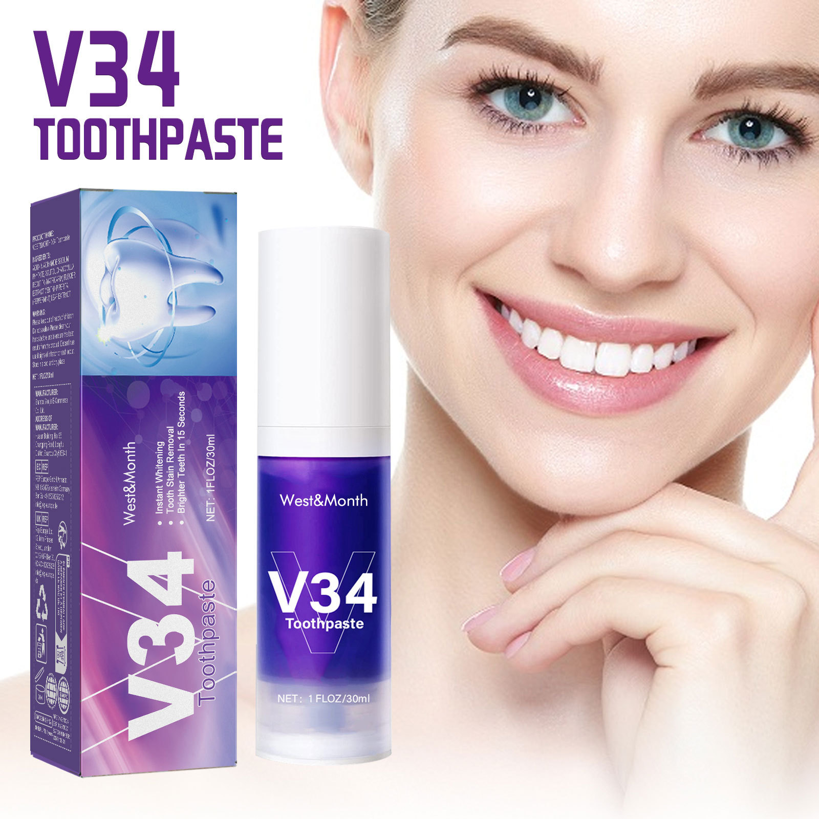 West Month V34 Teeth Cleaning Toothpaste Gentle and Brightening Teeth Cleaning Toothpaste with Fresh Fragrance and Pressable Design