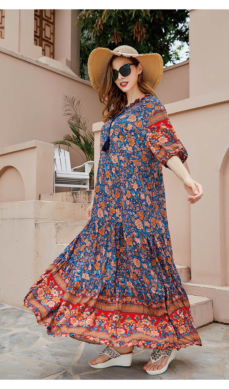 Langes Blumenkleid Für Damen Orientalischer Stil Baumwollseide_voghion.com