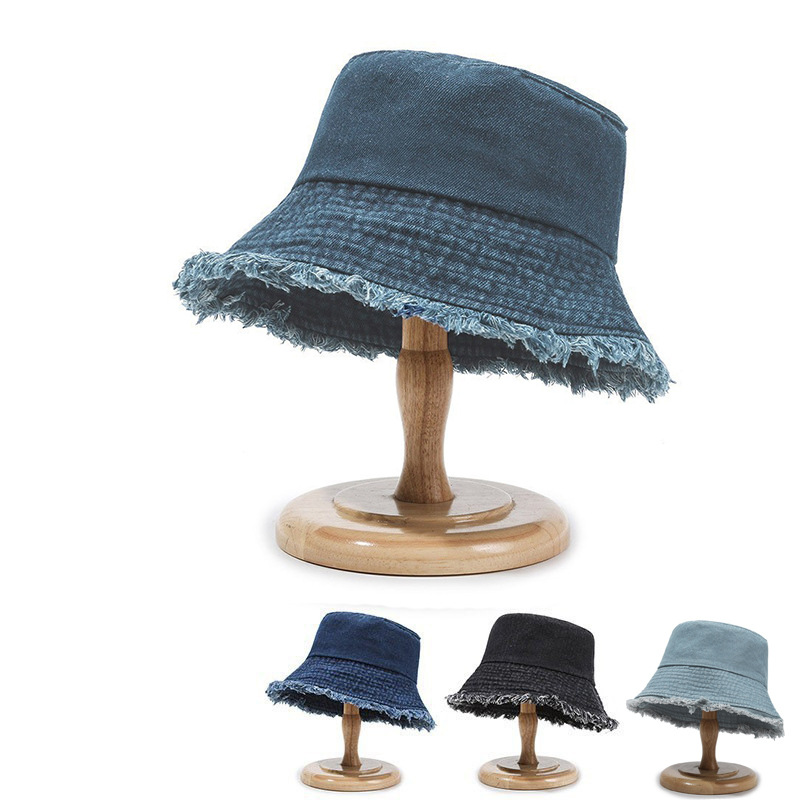Cappello da pescatore in denim lavato semplice e versatile con bordo sfilacciato e parasole vintage_voghion.com