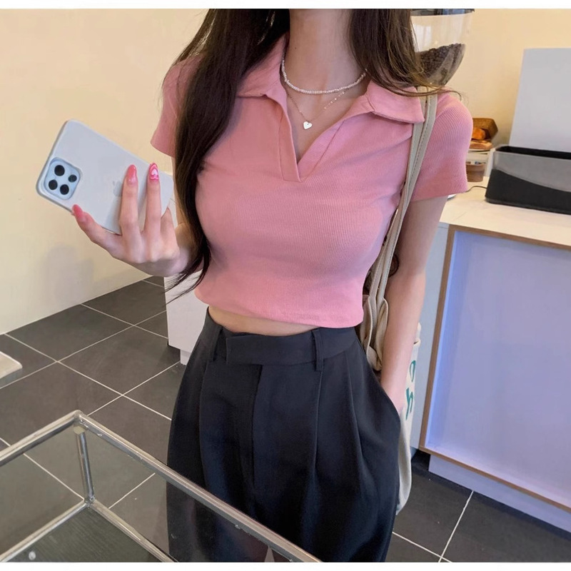American Sexy Polo Collar Design Ribbed Short-Sleeved T-Shirt for Women 2025 Summer New Slim Fashion Versatile Top American Sexy Polo Collar Design Ribbed Short-Sleeved T-Shirt for Women 2025 Summer New Slim Fashion Versatile Top