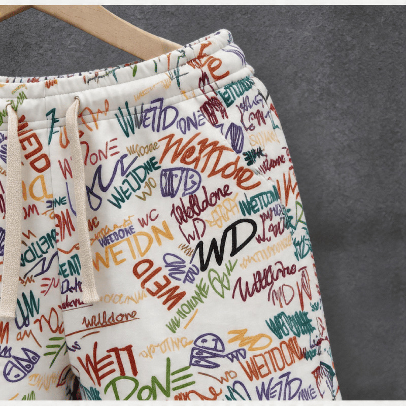 Retro Full Print Graffiti Lettering Men's Summer Shorts, High Street Loose Fit Straight Leg 5-Point Shorts_viptrois.com