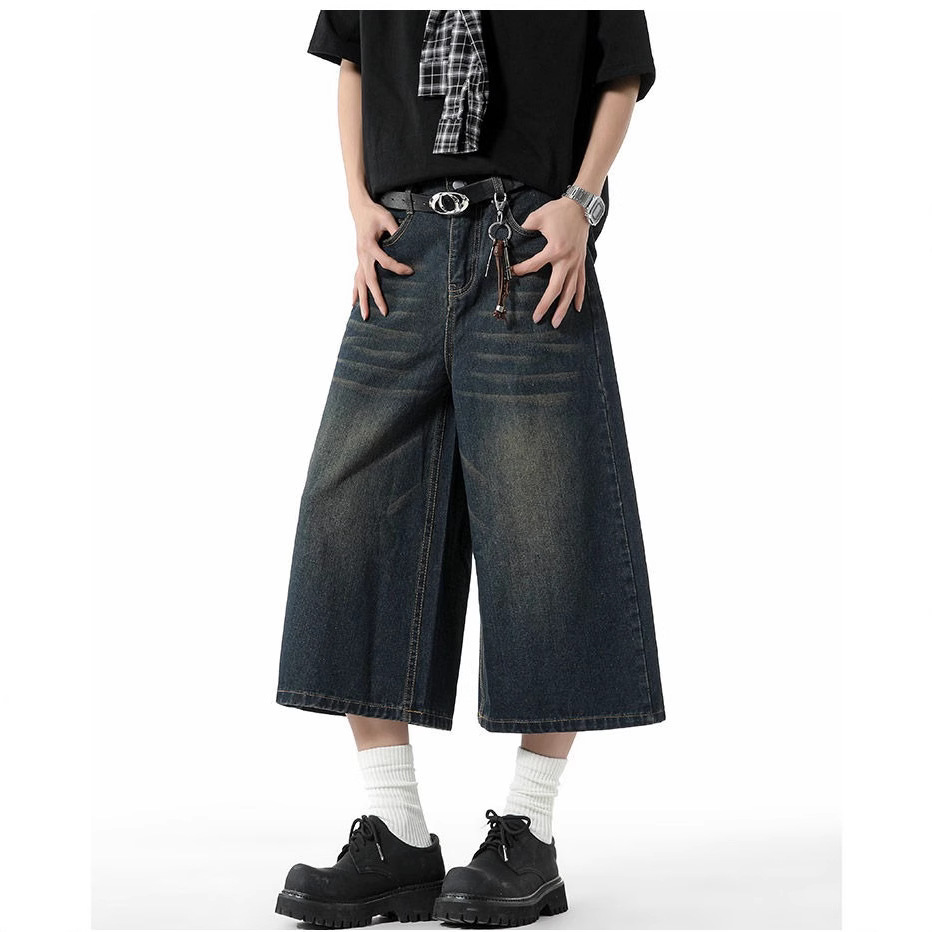 Camisas y ropa, estilo fino de verano americano, spot transfronterizo al por mayor, pantalones de mezclilla recortados holgados de pierna ancha lavados retro