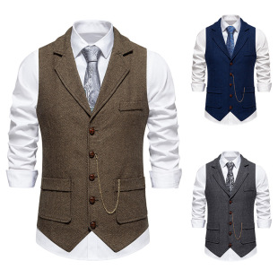 2024 Spring and Autumn New Amazon European and American Retro Single-breasted Men's Suit Vest Cardigan Solid Color Suit Collar Vest
